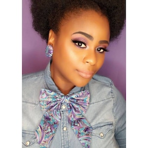 Women&#39;s Femme Bow Tie, Bowtie and Earrings, Blue, Turquoise, Purple, Lavender, Paisley Print, Paisley Bowtie,