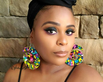 African Print Earrings,Fabric Wrapped Earrings,Large Hoop Earrings, Colorful Earrings, African Jewelry