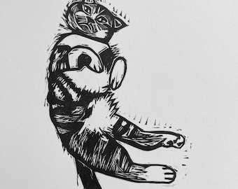 Gato tumbado grabado en linóleo
