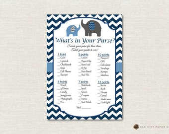 Elephant Whats in Your Purse Shower Game - Whats In Your Purse Baby Shower Game, Printable Baby Shower Games, Blue, Navy, Boy -Printable