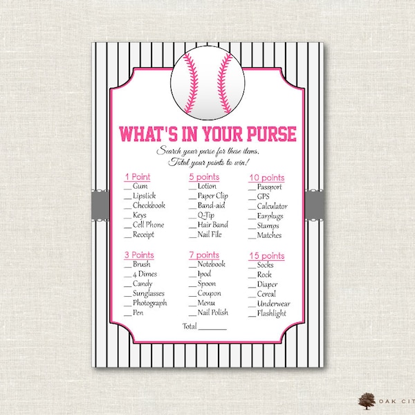 Baseball Whats in Your Purse Shower Game - Pink, Whats In Your Purse Baby Shower Game, Baseball Baby Shower Games, Softball - Printable, DIY