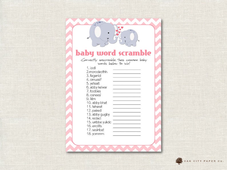Baby Shower Word Scramble Elephant Theme Game Pink Girl Printable Diy