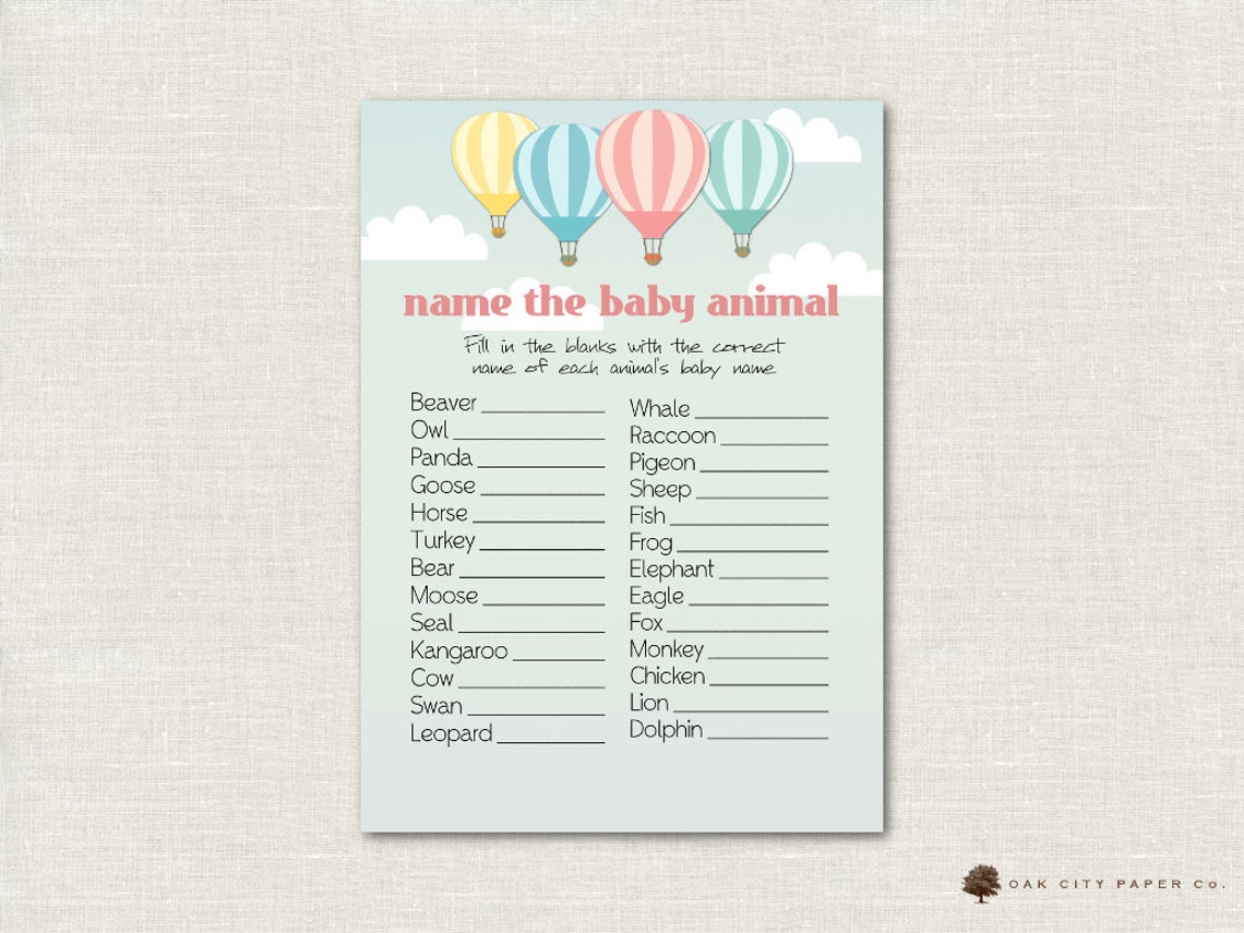 Hot Air Balloon Name the Baby Animal Baby Shower Game Etsy