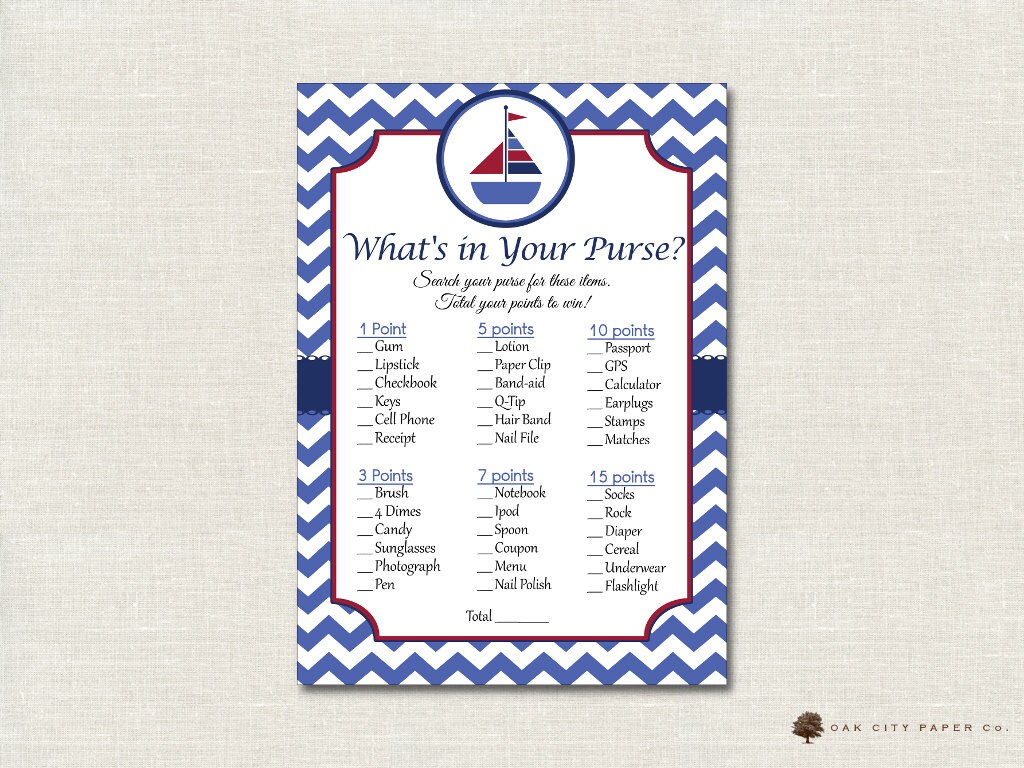 Nautical Whats in Your Purse Shower Game - Whats In Your Purse Baby Shower Game, Nautical Baby Shower Games, Nautical - Printable, DIY