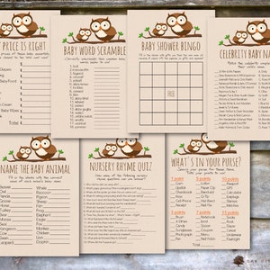 Owl Baby Shower Games Package - Baby Shower Games, Owl Shower Games, Woodland Animal Baby Shower Games, Owl Games - Printable, DIY