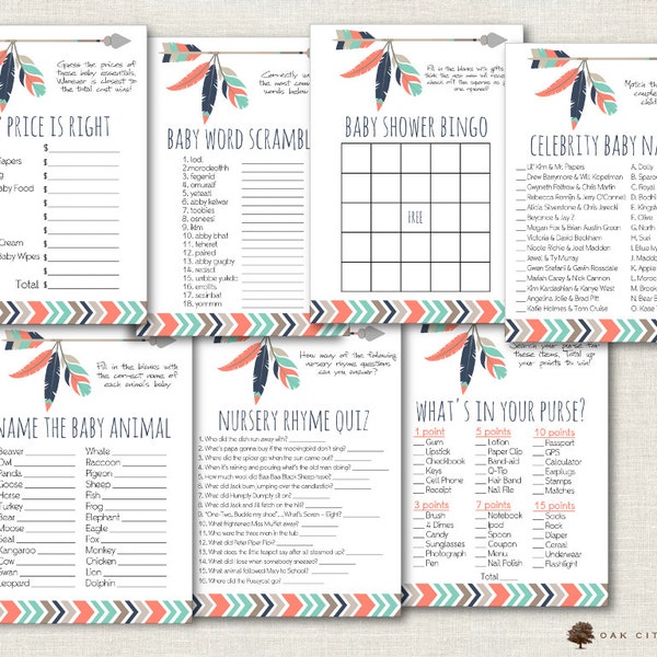 Tribal Baby Shower Games - Tribal Shower Games, Adventure Shower Game, Arrow Baby Shower Games, Mint, Coral, Pink, Aztec, Tribal, Boho - DIY