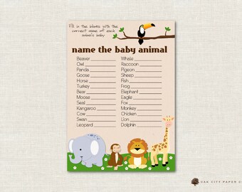 Safari Name the Baby Animal Baby Shower Game - Jungle Animal Shower Baby Animal Game, Guess the Baby Animal Game, Zoo Animal, Printable, DIY