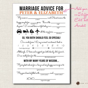 Printable Wedding Mad Lib, Wedding Advice Card, Newlywed Advice Card, Wedding Activity for ...