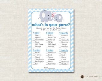 Elephant Whats in Your Purse Shower Game - Whats In Your Purse Baby Shower Game, Printable Baby Shower Games, Blue, Boy - Printable, DIY