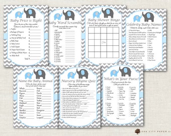 Blue Baby Shower Games - Elephant Baby Shower Games, Blue Elephant Baby Shower Games, Boy Baby Shower Games, Elephant Games, Printable, DIY