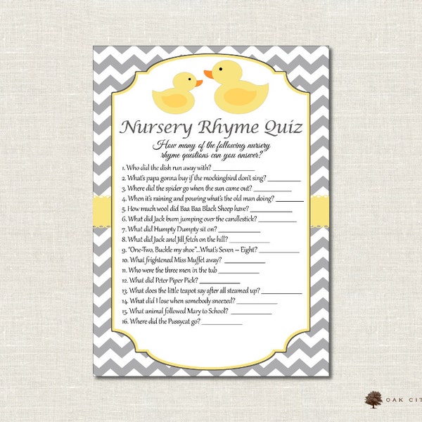 Rubber Ducky Nursery Rhyme Quiz Baby Shower Game - Rubber Ducky Nursery Rhyme Baby Shower Game, Printable Baby Shower Games, Printable, DIY