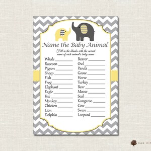 Elephant Name the Baby Animal Baby Shower Game - Yellow Elephant Shower Baby Animal Game, Guess the Baby Animal Game, Printable, DIY