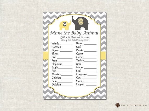 Elephant Name the Baby Animal Baby Shower Game Yellow Elephant