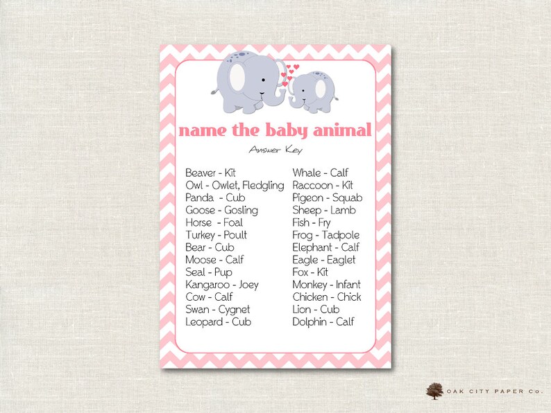 Pink Elephant Name the Baby Animal Baby Shower Game Elephant Etsy