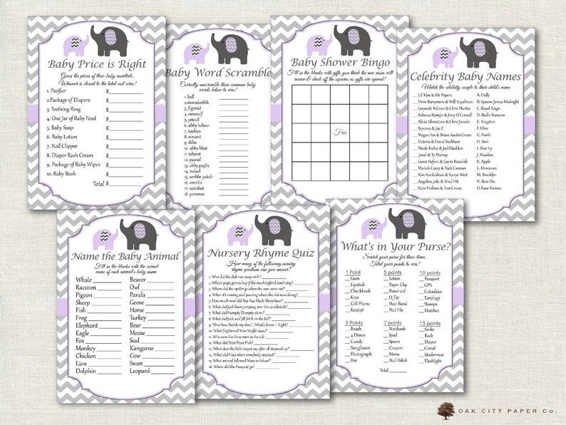 Lavender Baby Shower Games Elephant Baby Shower Games Etsy