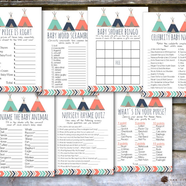 Tribal Baby Shower Games - Tribal Shower Games, Adventure Shower Game, Teepee Baby Shower Games, Mint, Coral, Pink, Aztec, Tribal, Boho