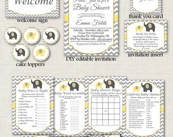 Yellow and Gray Elephant Baby Shower Party Package - Yellow and Gray Shower Package, Printable Baby Shower Package, Gender Nuetral - DIY