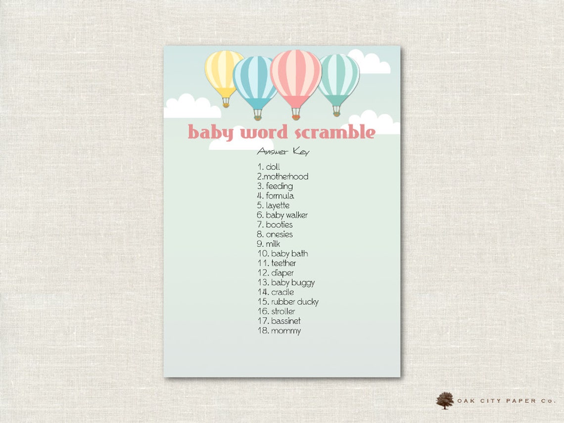 Hot Air Balloon Baby Shower Word Scramble, Balloon Word Scramble, Baby ...