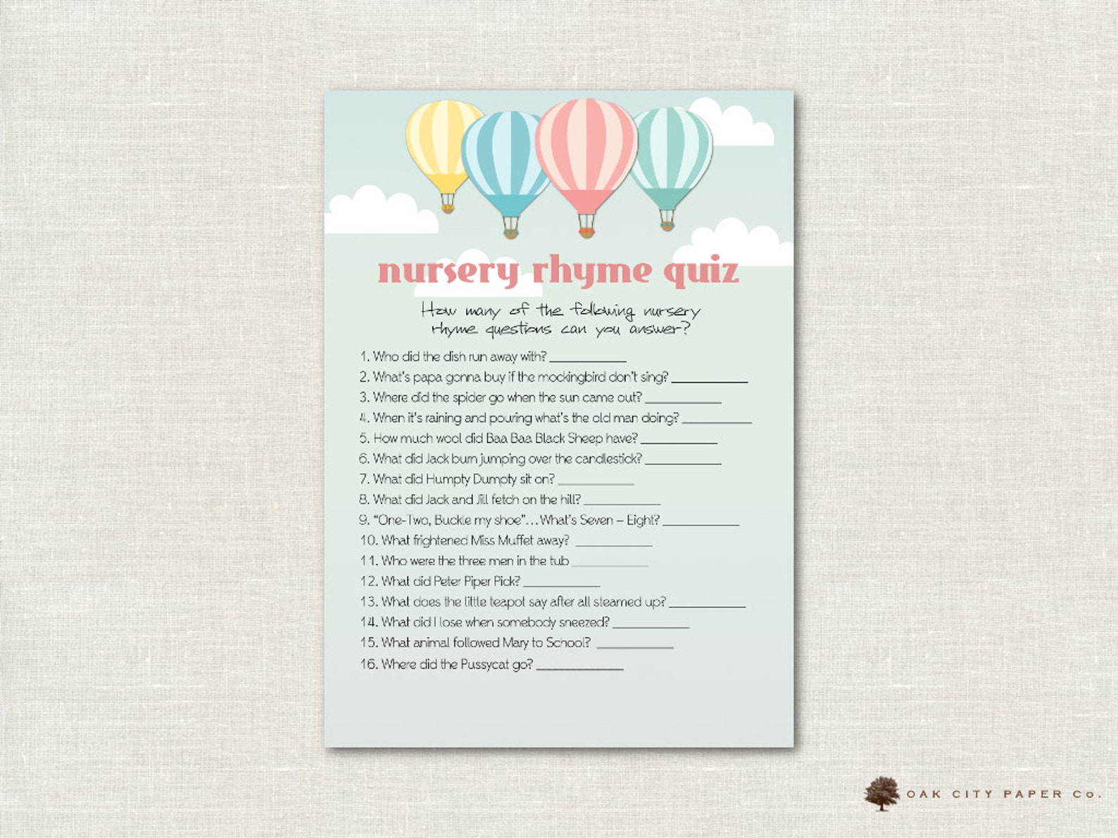 Hot Air Balloon Nursery Rhyme Quiz Baby Shower Game Balloon Etsy