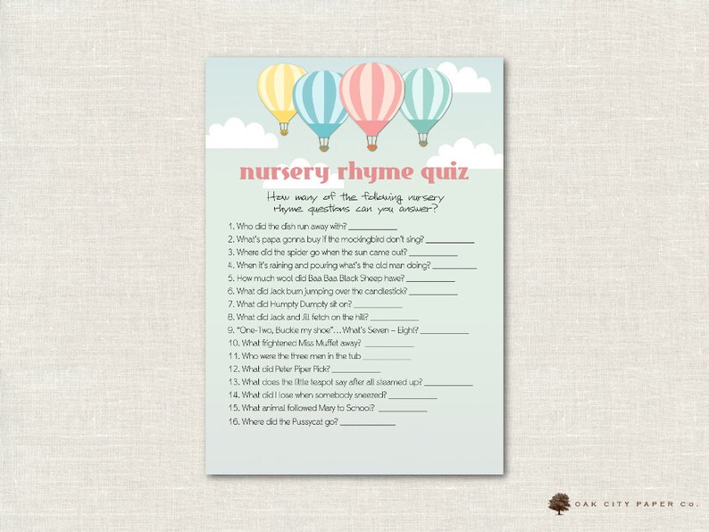 Hot Air Balloon Nursery Rhyme Quiz Baby Shower Game Balloon Etsy Hot Air Balloon Nursery Rhyme Quiz Baby Shower Game Balloon Etsy