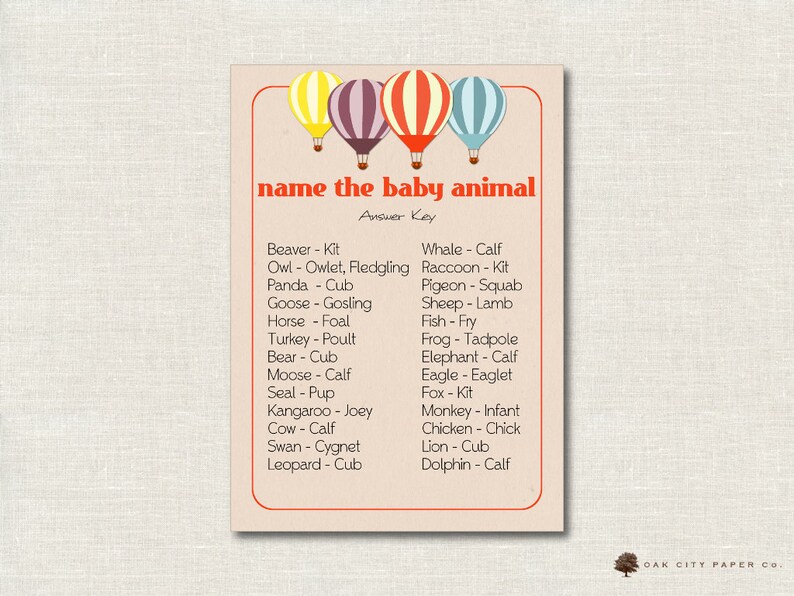 Hot Air Balloon Name the Baby Animal Baby Shower Game Etsy