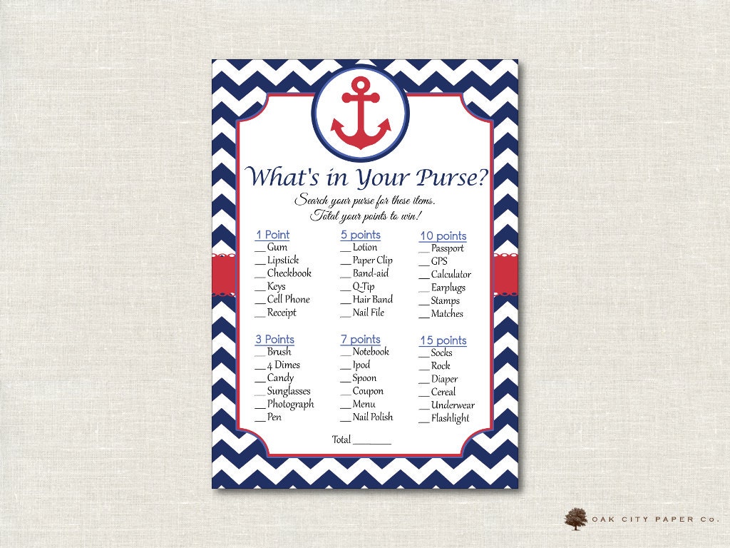 Nautical Whats in Your Purse Shower Game - Whats In Your Purse Baby Shower Game, Nautical Baby Shower Games, Nautical - Printable, DIY