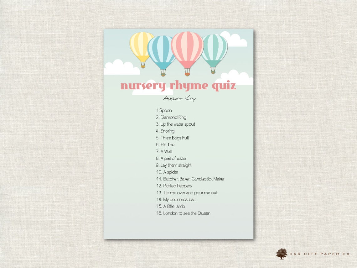 Hot Air Balloon Nursery Rhyme Quiz Baby Shower Game Balloon Etsy