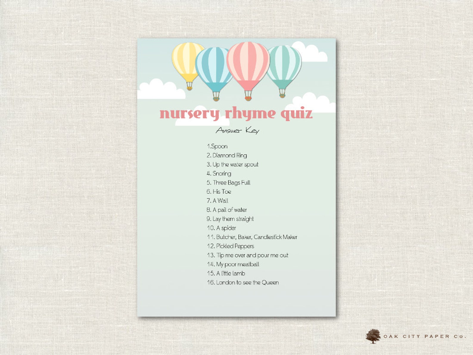 Hot Air Balloon Nursery Rhyme Quiz Baby Shower Game Balloon Etsy