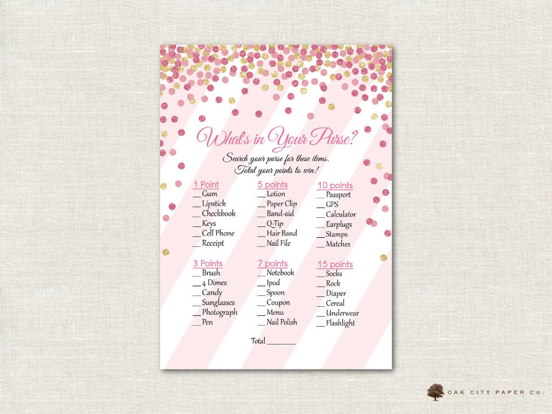 Pink and Gold Whats in Your Purse Baby Shower - Pink Gliter Whats in ...
