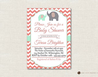 Mint Coral Baby Shower Invitation, Elephant Baby Shower Invitation, Elephant Baby Shower Invitation, Mint, Coral, Turqoise, Printable, DIY