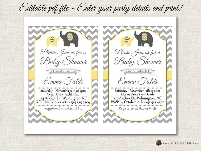Yellow and Gray Elephant Baby Shower Invitation Baby Shower Etsy