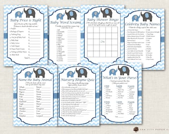 Blue Baby Shower Games - Elephant Baby Shower Games, Blue Elephant Baby Shower Games, Boy Baby Shower Games, Elephant Games, Printable, DIY