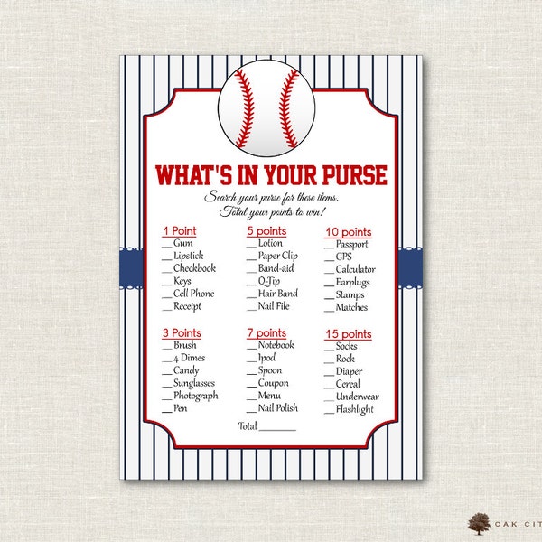 Baseball Whats in Your Purse Shower Game - Whats In Your Purse Baby Shower Game, Baseball Baby Shower Games, Softball - Printable, DIY