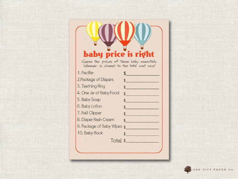 Hot Air Balloon Price is Right Baby Shower Game Balloon Baby Etsy