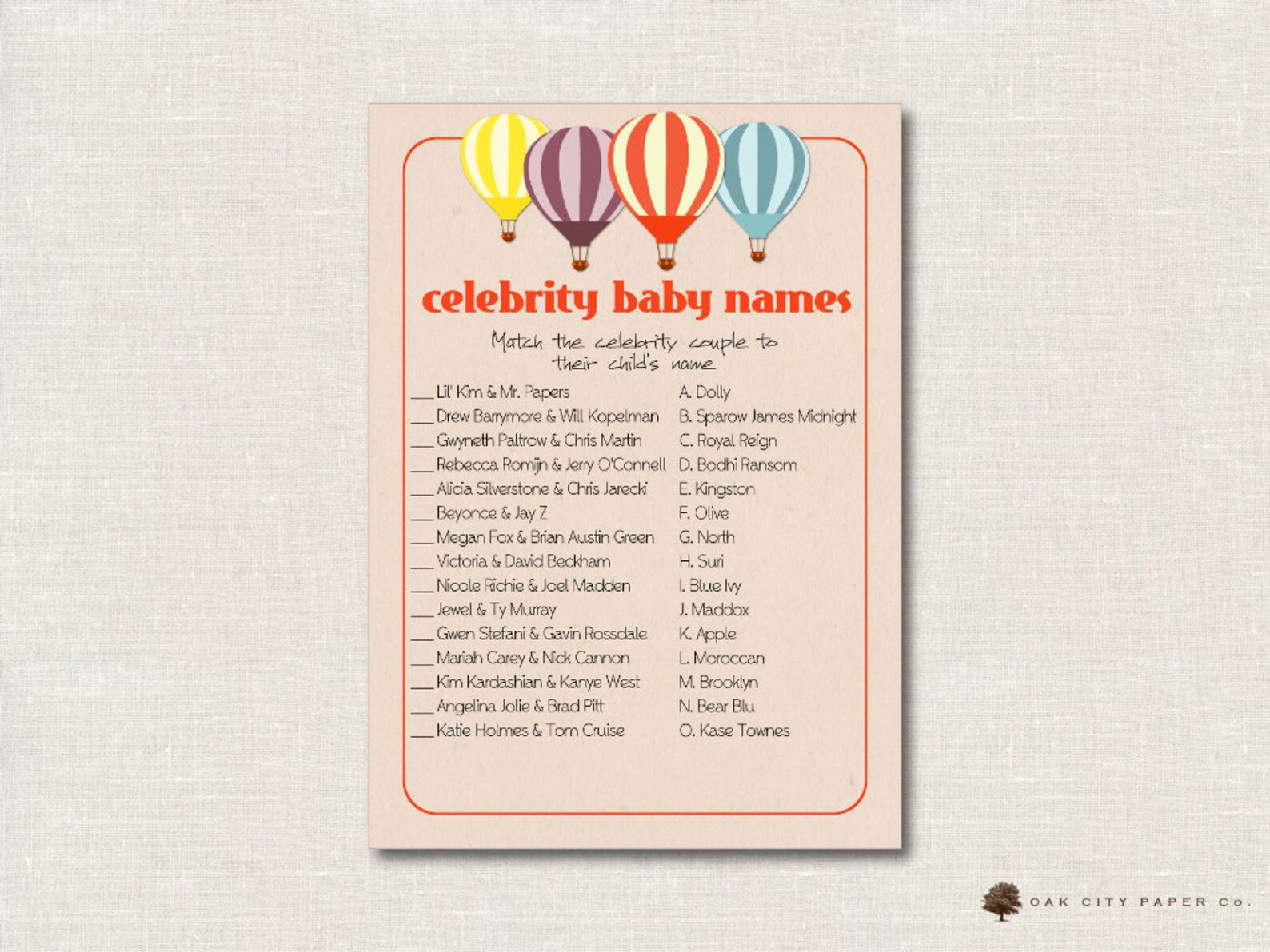 Hot Air Balloon Celebrity Baby Shower Game Balloon Celebrity Etsy