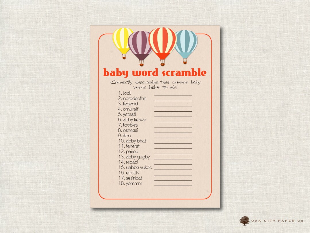 Hot Air Balloon Baby Shower Word Scramble, Balloon Word Scramble, Baby ...