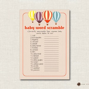 Hot Air Balloon Baby Shower Word Scramble, Balloon Word Scramble, Baby ...
