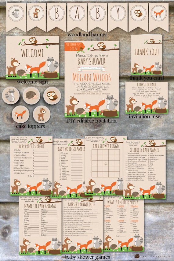 Woodland Baby Shower Party Package - Woodland Animal Baby Shower Package, Printable Baby Shower Package, Woodland Shower Package - DIY