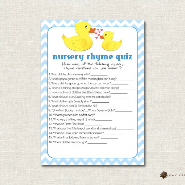 Rubber Ducky Nursery Rhyme Quiz Baby Shower Game - Rubber Ducky Nursery Rhyme Baby Shower Game, Printable Baby Shower Games, Printable, DIY