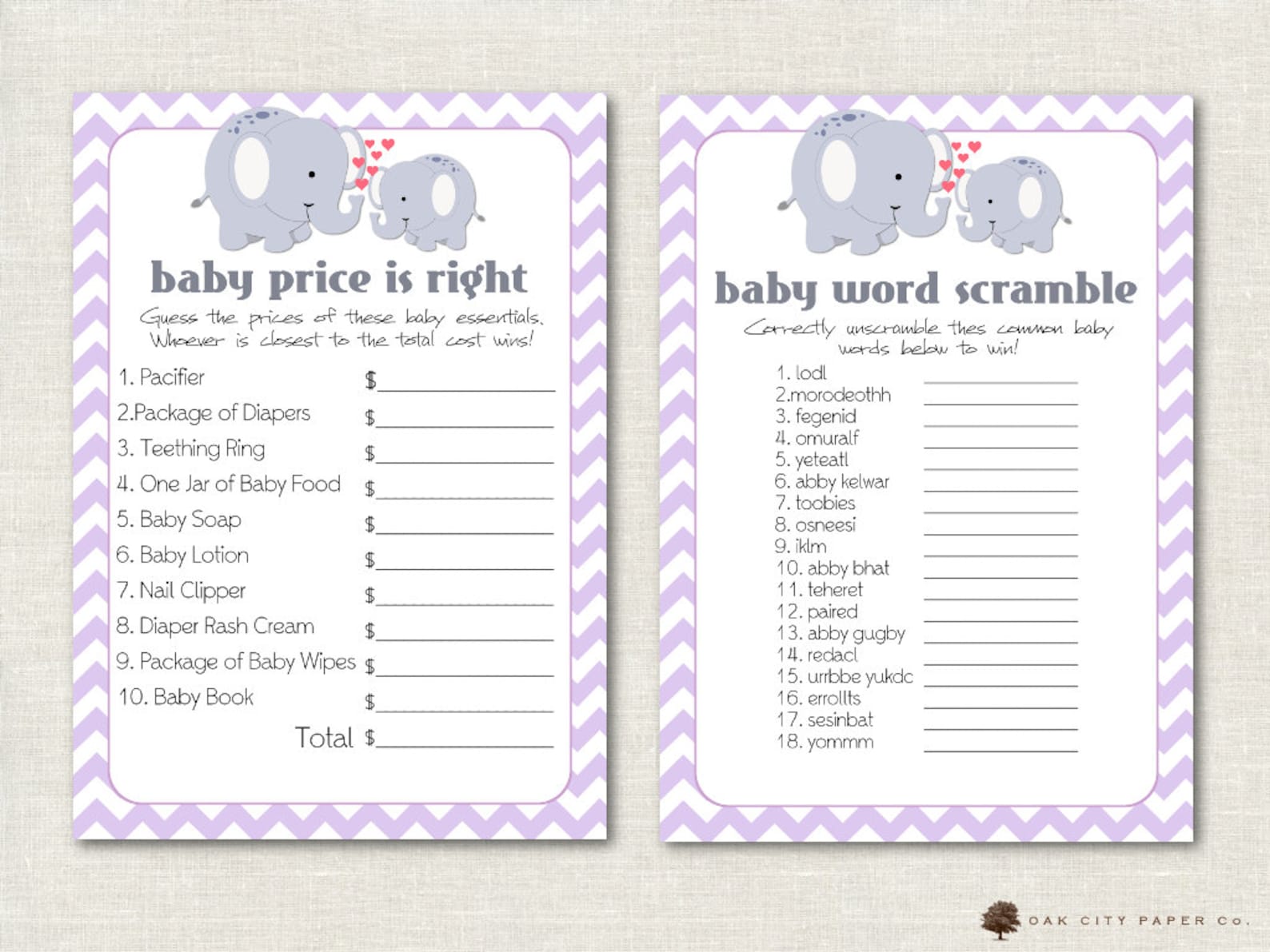 Elephant Baby Shower Games Baby Shower Games Lavender Etsy