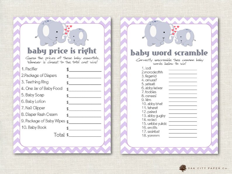 Elephant Baby Shower Games Baby Shower Games Lavender Etsy