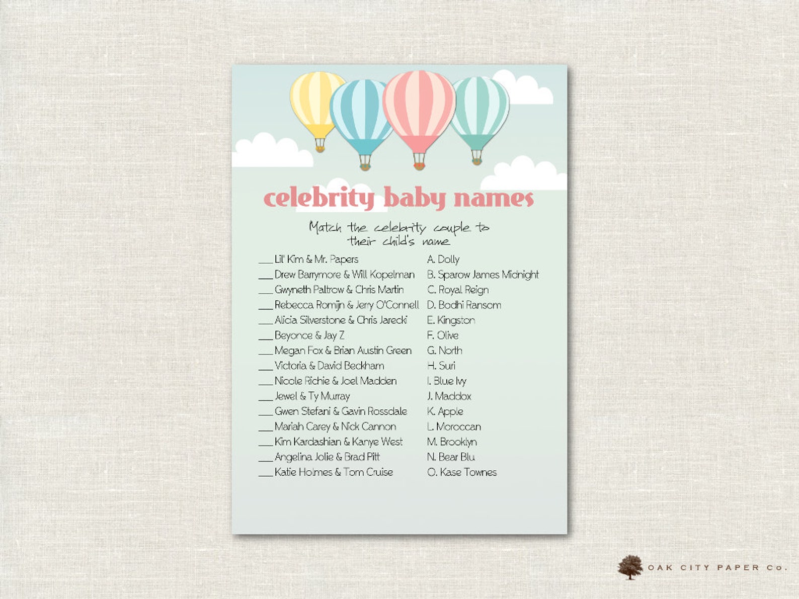Hot Air Balloon Celebrity Baby Shower Game Balloon Celebrity Etsy