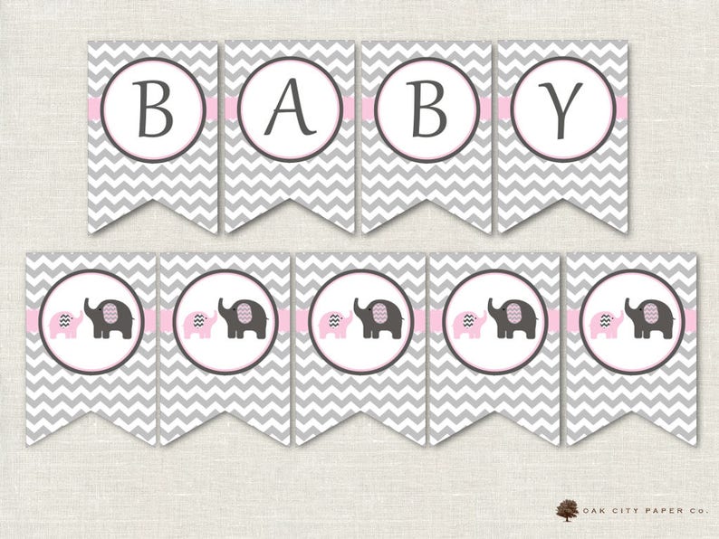 Elephant Baby Shower Decorations Elephant Baby Shower Banner Elephant Banner Baby Shower Banner Elephant Flag Pink Gray Printable