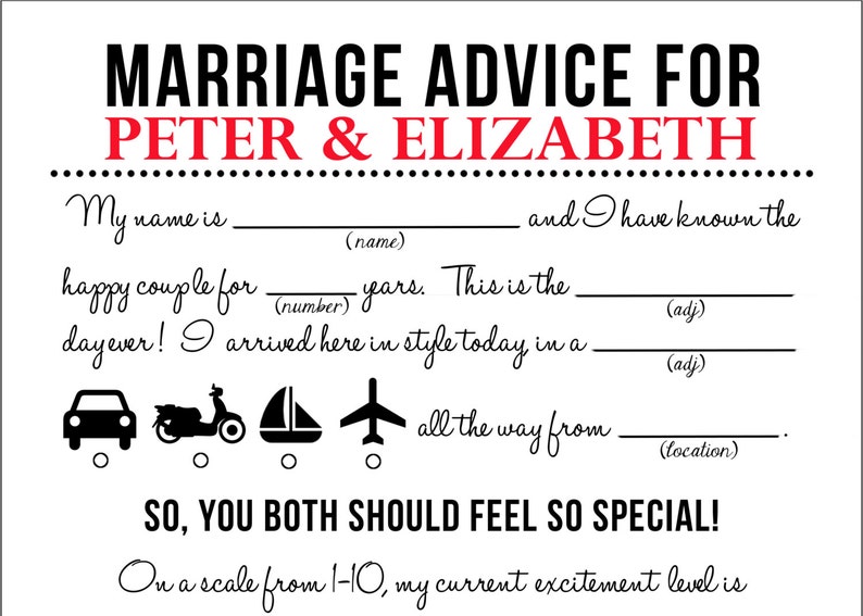 Printable Wedding Mad Lib Wedding Advice Card Newlywed - Etsy