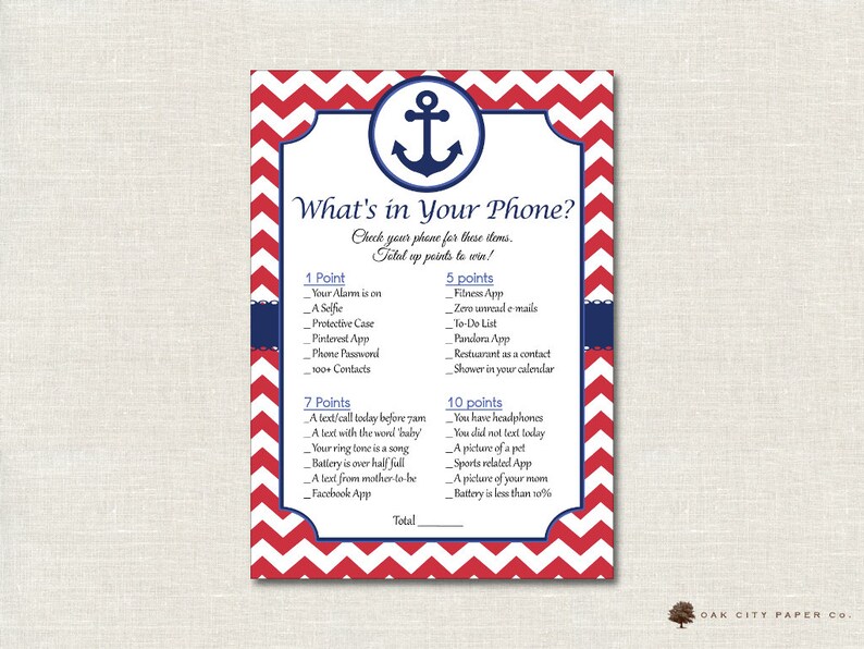 Whats In Your Phone Baby Shower Game Nautical Whats In Your Etsy