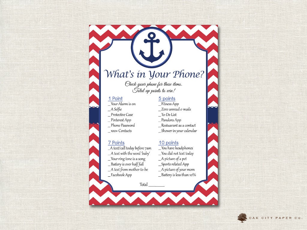 Whats In Your Phone Baby Shower Game Nautical Whats In Your Etsy