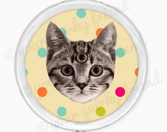 Third Eye Cat Polka Dot Metal Pill Box Kitsch Kitten Stash Box Trinket Box Kitty Pill Case Vitamins Weed Meds Pills Tabby Cat