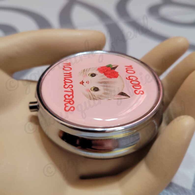 No Gods No Masters Metal Pill Box Kitsch Kitten Stash Box Trinket Box Kitty Cat Pill Case Vitamins Weed Meds Pills bild 4
