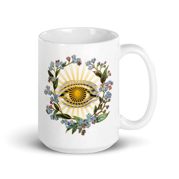 Third Eye 15oz Large Coffee Cup Ceramic Tea Mug Forget Me Not Flowers All Seeing Eye