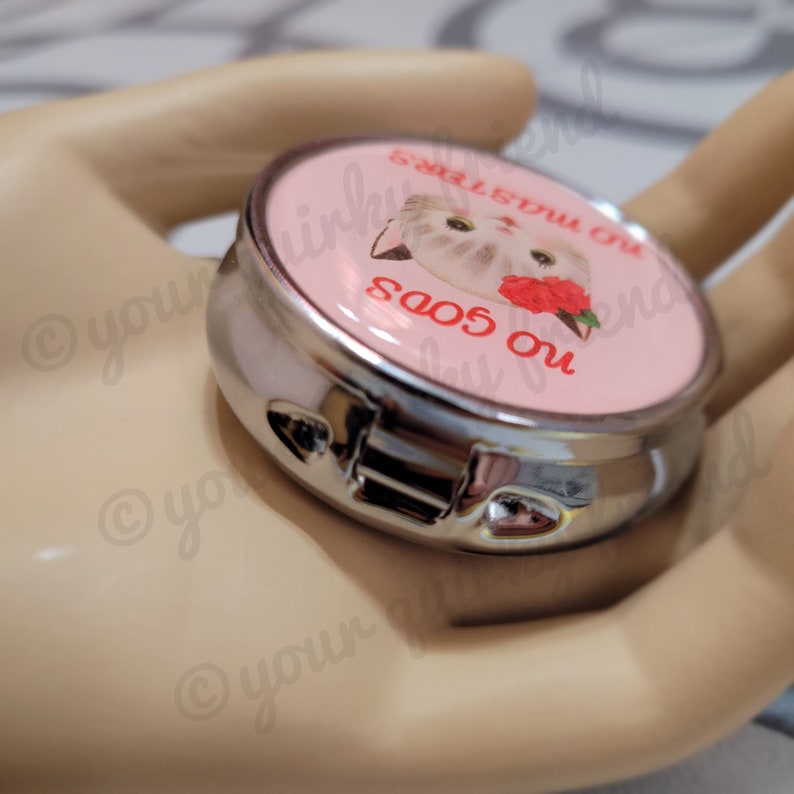 No Gods No Masters Metal Pill Box Kitsch Kitten Stash Box Trinket Box Kitty Cat Pill Case Vitamins Weed Meds Pills bild 6
